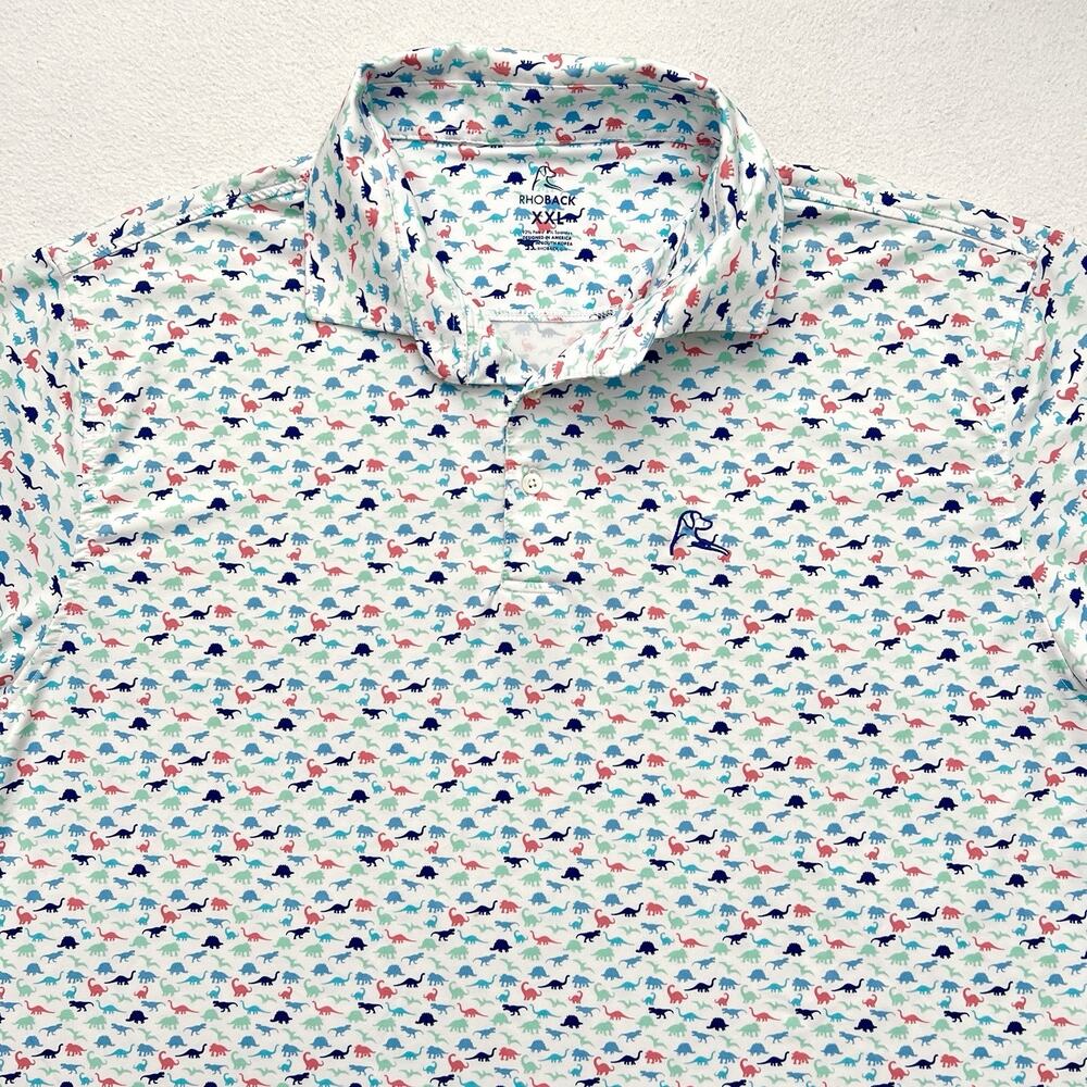 Rhoback Multicolor Dinosaur Print Performance Short Sleeve Golf Polo Shirt XXL